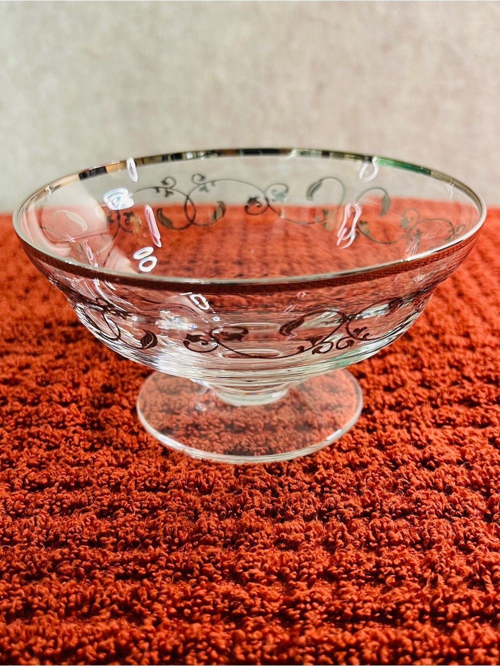 VTG Hand Blown Footed Glass Trinket Bowl with Silver Etching delicate